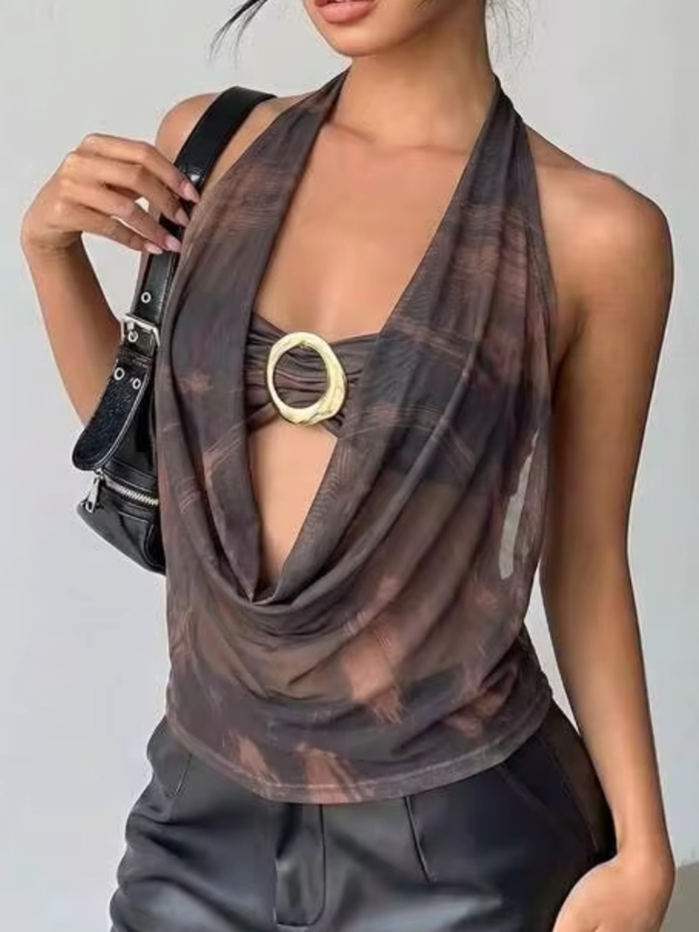 Brown Sheer Draped Halter Top with Gold Ring